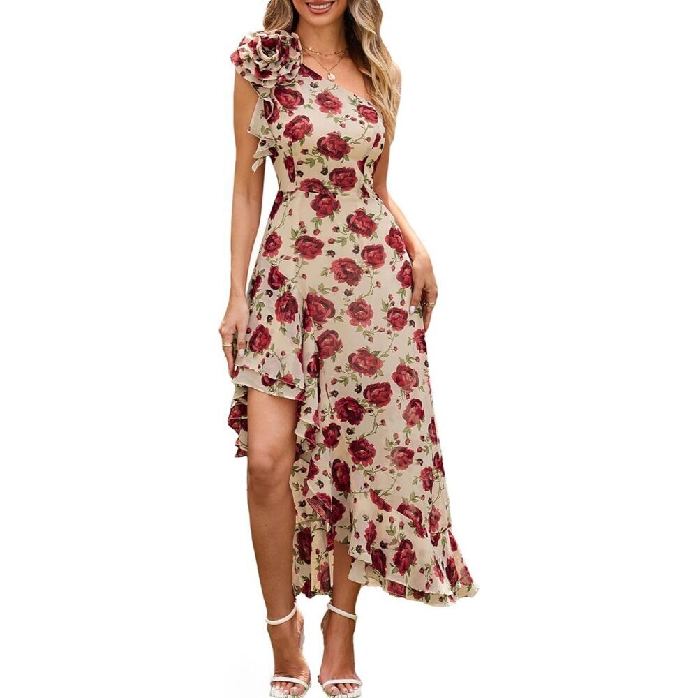 Women's Floral Summer One Shoulder Maxi Dress Ruffle High Low Wedding Guest